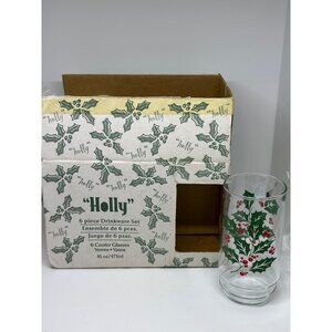 VTG NIB Indiana Glass Holly 6Pc Holiday Cooler Berry Glasses Christmas Drinkware